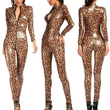 Women's Faux Leather Wet Look Leopard Print Shiny Catsuit Zipper Crotch Bodysuit
