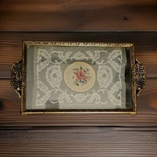 Vintage Brass Filigree Glass Tray with Lace and Petit Point Needlework