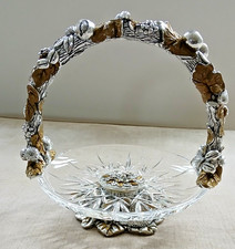 Vtg Italian Lead Crystal Basket Centrepiece Silver & Gilt  Metal Fruit & Foliage