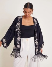 Monsoon Erin Embroidered Fringe Jacket Size M 12 14 Black Tassel Kimono