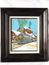 Vintage 80s H. Hargrove Signed Oil Serigraph of Steam Locomotive Bristol, WI