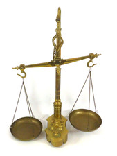 Vintage Brass Librasco Balance Beam Scales with 8 Brass Weights & Pans 22" Tall