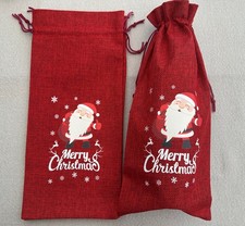 1 RED STRONG BURLAP HESSIAN FATHER CHRISTMAS WINE BOTTLE GIFT BAG H35cm x W15cm