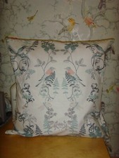 MADE IN SWAFFER WREN BIRD  ART DECO  FABRIC CUSHION COVER  16" PAD BLUE WHITE