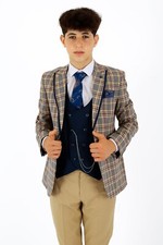 Boys Plaid Check Suit Beige