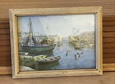 Vintage 1950s Vernon Ward Small Print Picture Boats Quayside Seagulls Framed