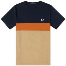 NEW FRED PERRY Men's Colour Block Crew Neck T-Shirt Stone Orange Navy BNWT