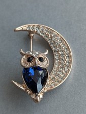 Owl on Crescent Moon Brooch -