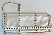 🍒 Kooba Leather Metallic Silver Clutch Wristlet Handbag Purse Studded 🍒