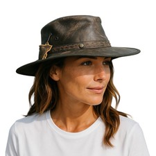 Women Australian Western Style Leather Cowboy Hat Distressed Foldable Bush Hat
