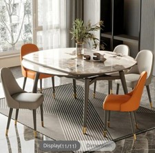 Round White Stone Modern Expandable Table With Gray Ash Wood Legs-Self Storing 