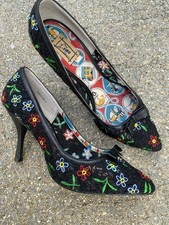 MISS L FIRE  STILETTO VINTAGE 50’s Style BLACK LACE FLOWER EMBROIDERY SHOES 40 7