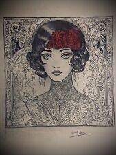 Art Nouveau / Deco inspired pen and pencil sketch signed by artist - A3