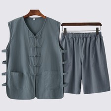 Men Traditional Chinese Tang Suit Vest Shorts Kung Fu Wingchun Tai Chi Uniform