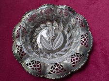 Vintage Metal Decorative Plate With Cut Glass Tulip Design Bowl/Bon Bon Dish