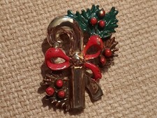 VTG RODOX Brooch Pin gold tone red green enamel Christmas holly candy cane 