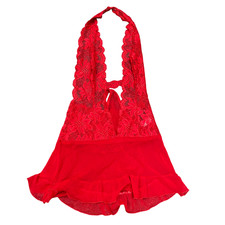 Chemise Lingerie Womens M Red Lace Floral Sexy Halter Neck Peplum Hem Stretch