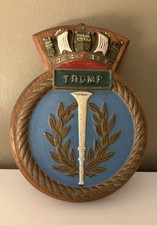 Vintage Royal Navy HMS Trump Ship Crest Plaque – Submarine Service, Hand Painted