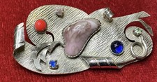 Antique Art Deco Wonderful Surrealist Designed Textured Brooch With Art Glass