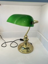 Vintage Brass Banker’s Lamp Desk Light Green Adjustable Shade, Fully Working