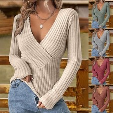 UK Women Sexy V Neck Ribbed