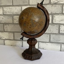 ? Vintage Old World Desk Tabletop Rotating paper Globe Oak Wood Carved Base ?