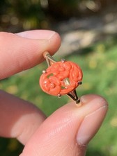9Ct Gold Natural Coral Antique Carved Flower Ring