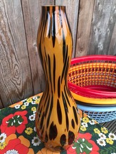 TALL ART GLASS AMBER BLACK TORTOISE SHELL LEOPARD PATTERN DESIGN RETRO MCM VASE