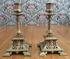 Pair Victorian Brass Satyr Barley Twist Candlestick Holders 19th Century Antique
