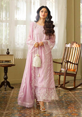 Azure embroidered chiffon suit - chiffon,