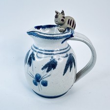 Vintage Studio Pottery Jug Cat on rim Unique Stoneware Art Pitcher 11 cm