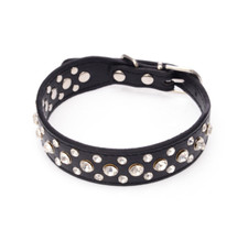 Dog Collar PU Leather Rhinestone 3 Row Diamante Bling Crystal Cat Puppy Pet UK