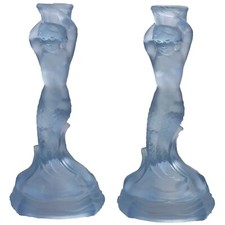 A pair Art Deco glass Walther & Sohne blue Mermaid Nymphen Candlesticks C.1930's