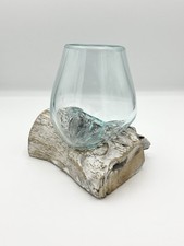 Molten Glass Bowl On Wood Root Stand Unique Decor Homeware Sculpture 5.5” x 5.5”