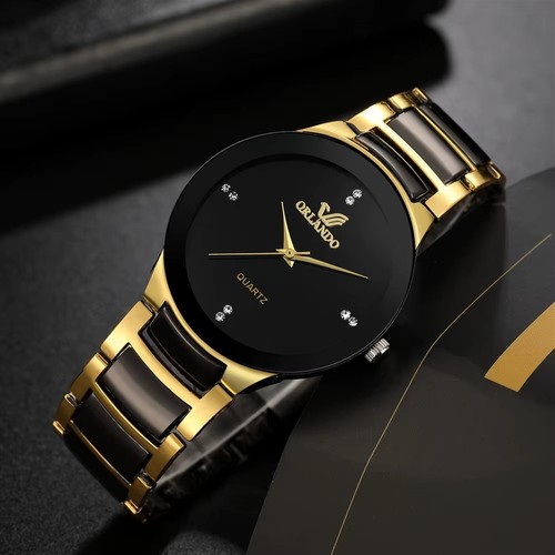 Men watch black gold quartz - gold,