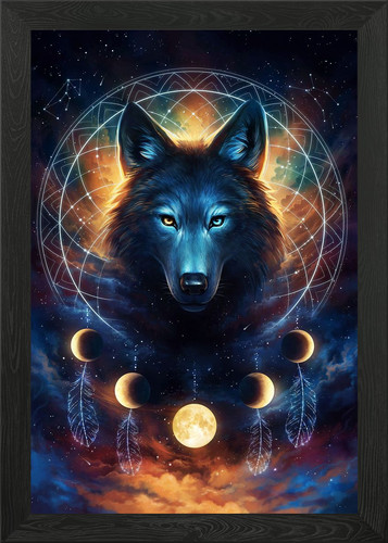 Dream catcher wolf - wolf, framed