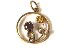 Antique Victorian / Edwardian 1890's 9 ct gold amethyst pearl pendant lavalier