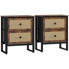 HOMCOM Side Table Set of 2 with Rattan Drawers and Steel Legs, Rustic Brown