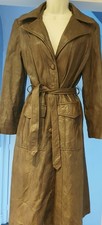 1970s Vintage Boho Bohemian Tan Brown  Leather Belted Trench Coat Mac 8 10 12 