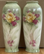 Vintage Pair Of German or Czech Hand Painted Lustre Porcelain Vases - 1920s?  