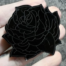RETRO Black Rose Brooch Badge Etched Gothic Wedding Plastic Lapel Kitsch Pretty