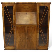 Art Deco Walnut Bureau Bookcase: Sunburst Astragal Glazing, Pigeon Holes Antique
