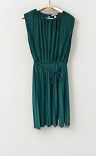 Teal Green Pleated Knee Length Dress cap sleeve Gold bead belt H&M S 17” pit