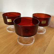 3x Vintage 1970’s Luminarc Sundae Dessert Dishes Ruby Red Glass Clear Stem