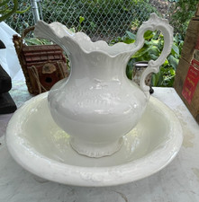 Antique Homer Laughlin Large White Water Pitcher Jug & Wash Basin Bowl set MINT
