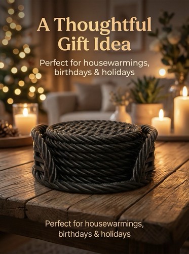 6pcs black coasters set - black, woven