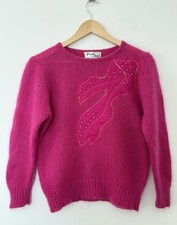 VTG 1980s Frank Saul Pink 49% Mohair Round Neck Jumper Beads Appliqué M