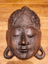 Vintage Buddha Hindu Face Mask Wall Hanging Dark Painted Hand Carved Wall Art