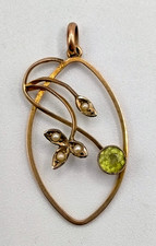 Antique 9 Ct Yellow Gold Art Nouveau Pendant with Peridot + Seed Pearls.