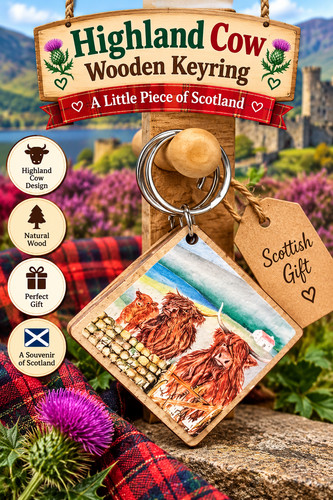 Highland cow wooden - keyring, |